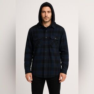 reVess Men’s Hooded Plaid Flannel Shirt Blue Black Button Up L Fisherman Angler